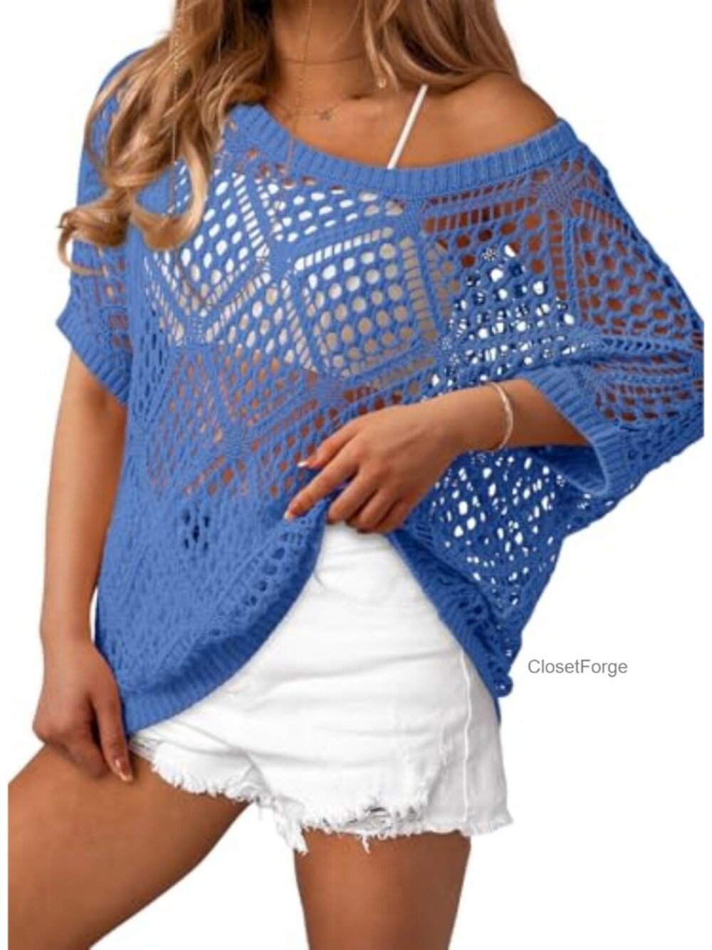 Crochet Hollow Out Off Shoulder Knit Pullover Sweater Beach Coverup Short Sleeve